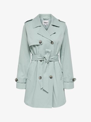 Lichtgroene dubbele rij knopen trenchcoat met knoopmanchetten, schouderepauletten en een gestrikte tailleband.