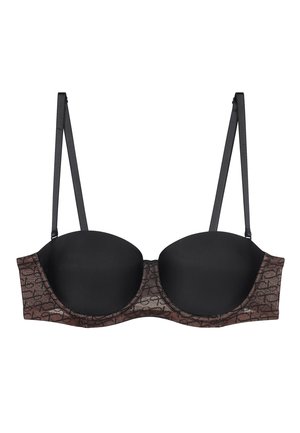 Czarny wyściełany biustonosz z cienkimi regulowanymi ramiączkami oraz brązowym, wzorzystym paskiem pod miseczkami i po bokach.