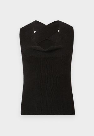 Top preto de malha canelada sem mangas com um decote profundo e alças cruzadas nos ombros. Textura suave e silhueta ajustada.