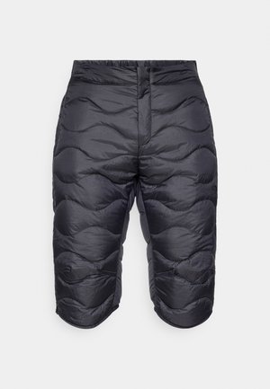 Black padded shorts featuring an elastic waistband, wavy quilted texture, and a mid-thigh length. No visible pockets or hardware details.
