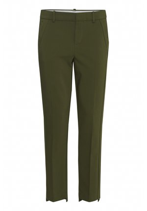 Pantaloni tapered de culoare verde măslinie dintr-un material neted, cu buzunare laterale și detalii subtile cu fante la tiv pentru un plus de design.