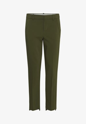 Õlivärvi kitsenevad püksid sileda kangaga, küljetaskudega ja õrnade lõhikute detailidega allääres, et lisada disaini.