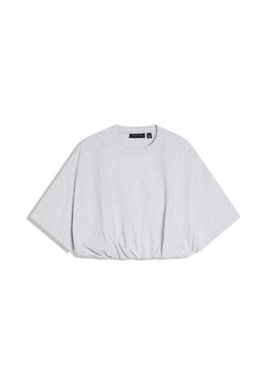 Lysegrå kortærmet cropped sweatshirt med vide ærmer og indsnævret kant, rund halsudskæring, lagt fladt på hvidt baggrund.