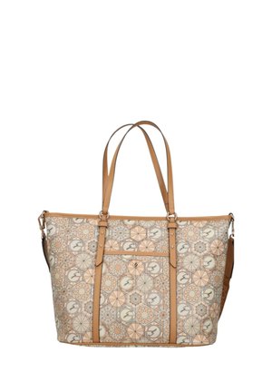 Beige en tan gekleurde draagtas met geometrische en cirkelvormige motieven, twee schouderbanden, een voorvak en leren afwerking.