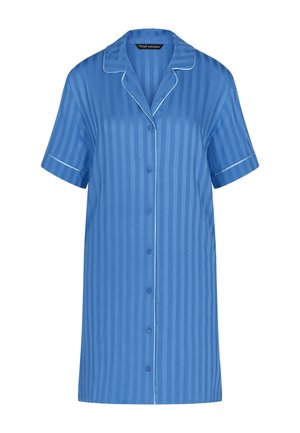 Blaues kurzärmeliges Nachthemd mit senkrechten Streifen, Reverskragen und weißen Paspeln an Kragen und Manschetten.