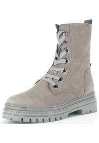 Gray suede ankle boot with a padded collar, round toe, and gray laces. Features metallic eyelets and a thick, textured rubber sole.