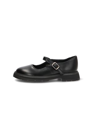 Zapato Mary Jane de cuero negro con puntera redondeada, correa ajustable con hebilla y suela gruesa de goma.