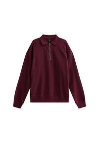 Bordeaux kleurige rits-sweater met polo-kraag, lange mouwen, een losse fit en ribgebreide manchetten en onderkant. Gladde stof met een effen kleur.