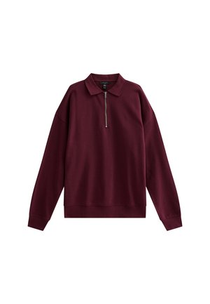 Burgunderfarbener Zip-Hoodie mit Polokragen, langen Ärmeln, lockerer Passform sowie gerippten Manschetten und Saum. Glattes Material in einfarbigem Design.