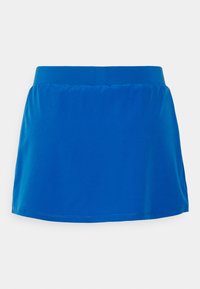 Modrá sportovní sukně s hladkým povrchem, elastickým pasem a rozšířeným střihem. Bez viditelných vzorů nebo kovových detailů.