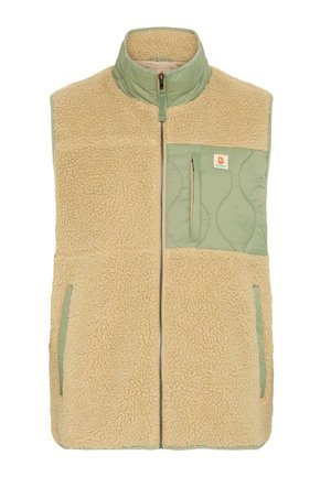Veste sans manches en polaire beige avec un panneau avant matelassé vert, col montant, fermeture éclair à l'avant et une poche poitrine. Surface texturée avec poches latérales.