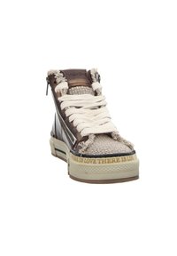 High-top sneaker with a textured beige upper, brown leather accents, white laces, and a rubber sole featuring a printed quote on the side.