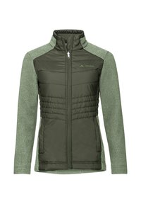 Groene geïsoleerde jas met een ritssluiting aan de voorkant, gewatteerde textuur op de torso en contrasterende gladde mouwen. Bevat een hoge kraag en een logo-accent.