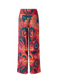 Pantalons larges en tissu rouge avec un motif floral vibrant en vert, orange et violet. Texture lisse, design taille haute.
