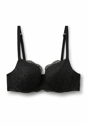 Schwarzer Spitzen-BH mit Bügeln, verstellbaren Trägern und Blumenmuster auf den Cups, flach auf einem weißen Hintergrund liegend.