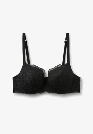 Schwarzer Spitzen-BH mit Bügeln, verstellbaren Trägern und Blumenmuster auf den Cups, flach auf einem weißen Hintergrund liegend.