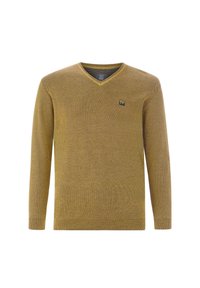 V-neck knitted sweater in mustard yellow, featuring a textured pattern, long sleeves, and a small logo badge on the chest.