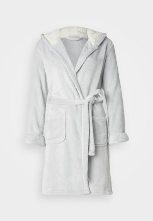 Hellgraue Fleecepullover mit Kapuze, zwei vorderen Taschen, einem selbstbindenden Gürtel und weicher, strukturierter Fütterung entlang der Kapuze und Bündchen.