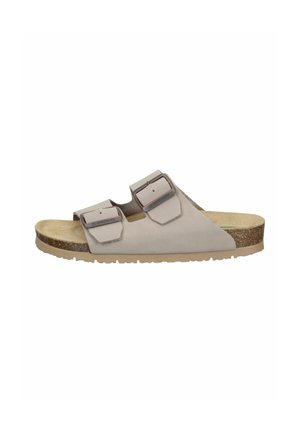 Beige open-toe sandal with two adjustable buckled straps, cork footbed, and flat rubber sole designed for comfort and casual wear.