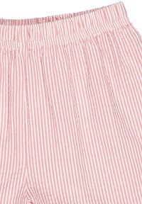 Tessuto a righe verticali rosa e bianche con una vita elasticizzata, caratterizzato da una texture arricciata e una vestibilità ampia.