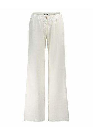 Pantalon blanc ample avec taille élastique, fermeture par bouton et jambes larges et droites.
