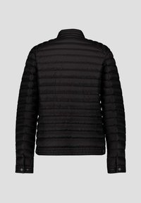 Giacca a vento nera con design trapuntato, colletto alto e maniche lunghe. Presenta chiusure a scatto sui polsini e una texture liscia e opaca.