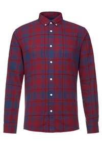 Rood-blauwe geruite blouse met lange mouwen, knoopsluiting, voorflap en witte knopen. Zachte stof met een gestructureerd patroon.