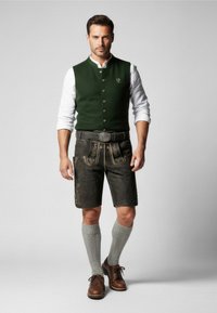 Traditional Bavarian outfit with a green waistcoat, white shirt, black lederhosen, gray knee socks, and brown shoes. Features decorative stitching.