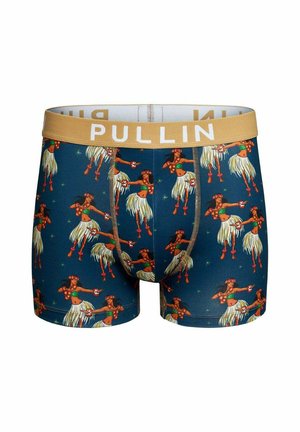 Boxer bleu marine avec une ceinture beige étiquetée "PULLIN" et un motif répétitif de filles hula dansant, portant des jupes en herbe et des colliers de fleurs.