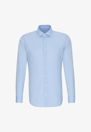 Jasnoniebieska męska koszula wizytowa z długim rękawem, klasycznym kołnierzykiem i białymi guzikami z przodu.