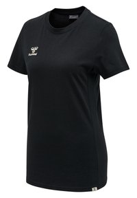 Sort kortærmet T-shirt med rund halsudskæring og hvid hummel-logo på brystet samt et lille mærke i bunden af kanten, vist på en hvid baggrund.