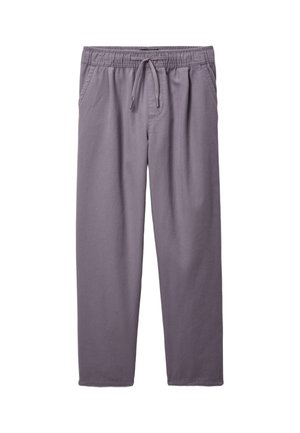 Pantalon gris coupe décontractée avec ceinture élastique et cordon, doté de poches latérales et de jambes droites.