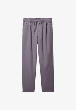 Pantalon gris coupe décontractée avec ceinture élastique et cordon, doté de poches latérales et de jambes droites.