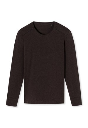 Donkerbruine longsleeve shirt, gemaakt van zacht materiaal. Heeft een ronde hals en contrasterende stiksels langs de schouders.