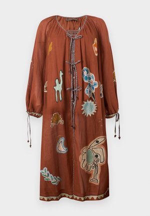 Rust-colored long-sleeve dress with tie closures, elastic cuffs, and abstract floral and leaf patterns in blue, green, yellow, and beige tones.