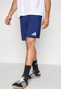 Calções desportivos azuis com bolsos laterais, apresentando o logótipo de três riscas brancas e cintura com cordão, combinados com ténis pretos e brancos.