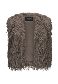 Faux-Fur-Weste in Braun, mit einer schütten Textur und langen, fransigen Fasern sowie einem offenen Design. Futter im Inneren, ungeformte Form.
