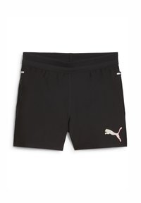 Juodi sportiniai šortai su lygiomis tekstūromis, ant dešiniojo šlaunies puikuojasi balta ir rožinė Puma logo, o juosmens juosta yra iš tinklinės medžiagos.