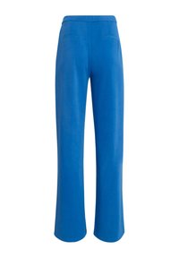 Blue trousers with a smooth texture, featuring a straight leg design, high waist, and two back pockets.