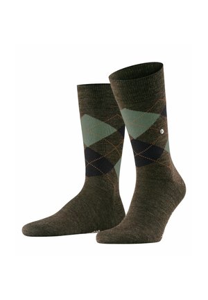 Calzini argyle verdi e marroni con bordo a coste, caratterizzati da motivi a rombi in verde scuro e blu navy, con dettagli di cucitura arancioni.