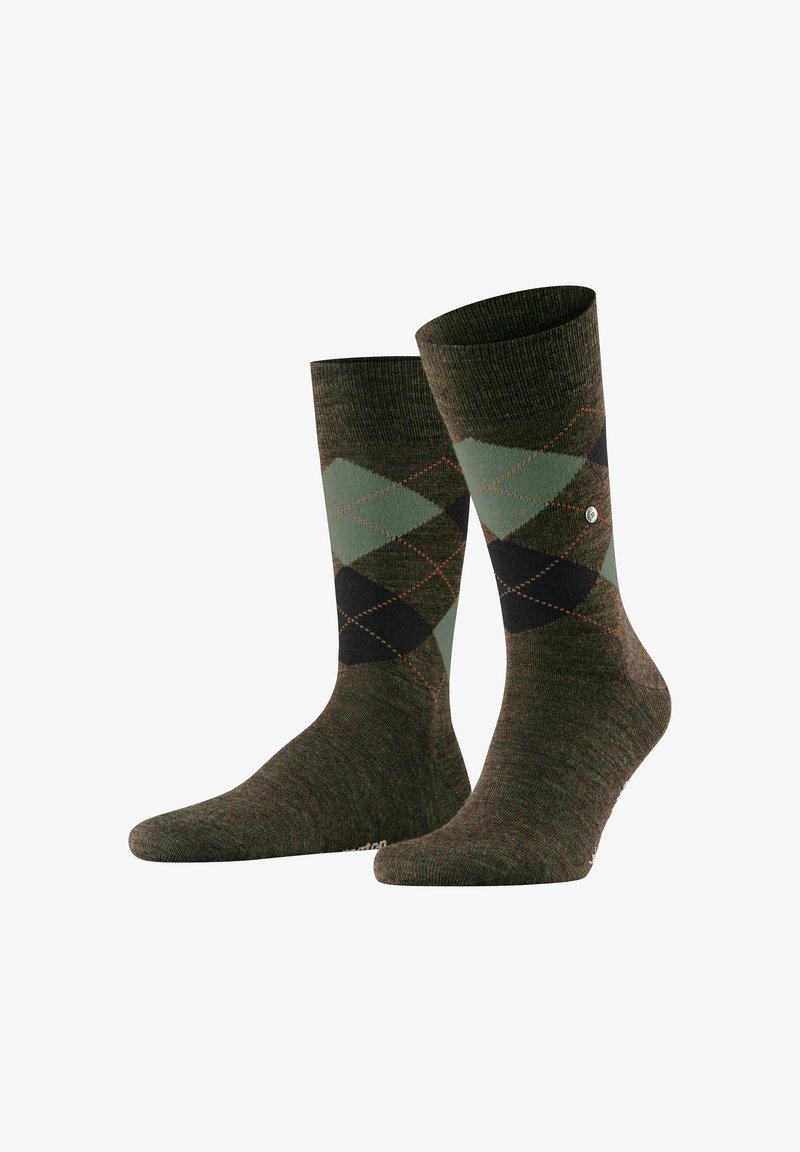 Grüne und braune Argyle-Socken mit einem gerippten Bündchen, die Rauten-Muster in dunkelgrün und marineblau aufweisen, mit orangefarbenen Nähakzenten.
