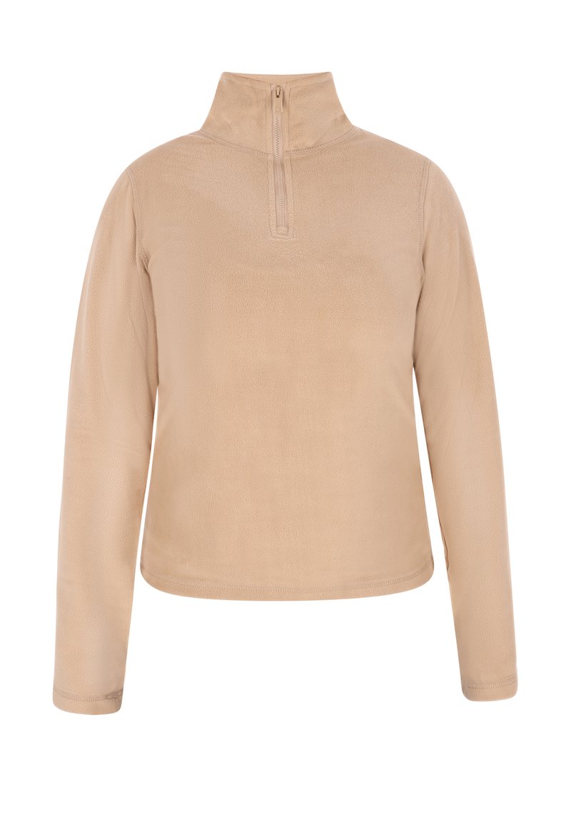 Pullover in pile beige con colletto alto e zip a quarto, maniche lunghe e una texture liscia. Design semplice con orlo arrotondato.