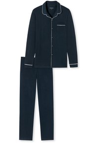 Navy puuvillapajamasetti valkoisilla reunuksilla; sisältää pitkähihaisen nappipaidan ja siihen sopivat elastiset housut. Edessä tasku paidassa.