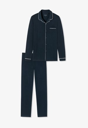 Granatowy zestaw piżamowy z bawełny z białymi lamówkami; zawiera długa rękawową koszulę zapinaną na guziki oraz pasujące spodnie z elastycznym pasem. Kieszeń z przodu na koszuli.