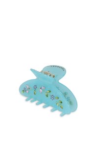 En stor, blå plast hårklämma med blomsterprydnader i rosa och grönt, som har ett stadigt grepp och fjärilsform.