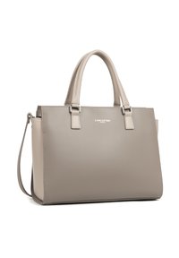 Borsa in pelle taupe Lancaster Paris con doppio manico superiore e tracolla removibile su sfondo bianco.