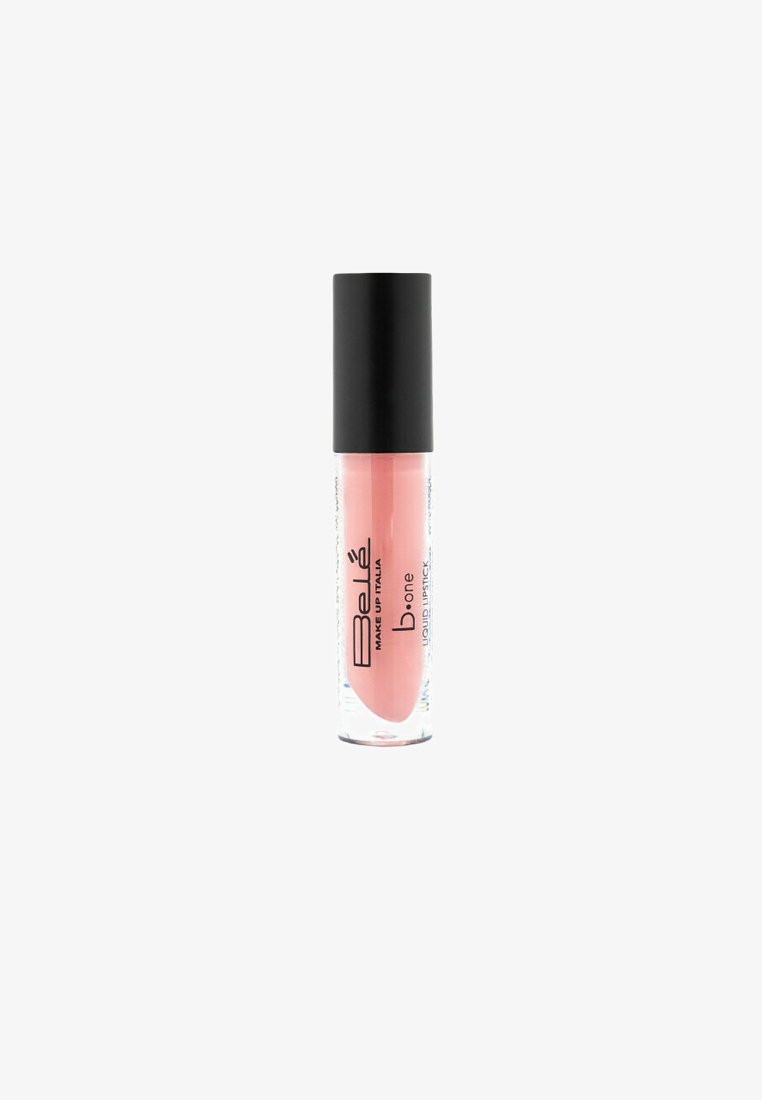 Rossetto liquido rosa in tubo trasparente con tappo nero, etichettato "BeLè Make Up Italia" e "b:one Liquid Lipstick."