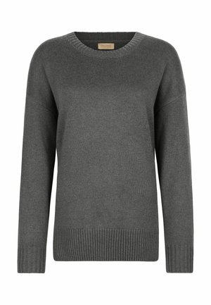 Dunkelgrauer, leichter Strickpullover mit rundem Ausschnitt, gerippten Bündchen und Saum. Lockere Passform mit überschnittenen Schultern, aus weichem Material gefertigt.