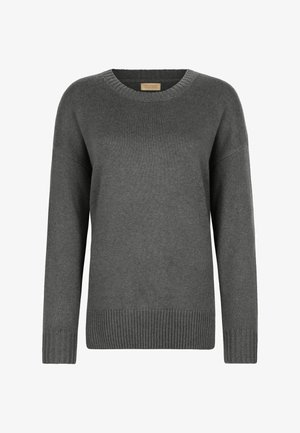 Mørkegrå, let strikket sweater med rund halsudskæring, ribbede manchetter og kant. Løs pasform med sænkede skuldre, lavet af blødt stof.