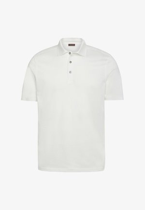 Vit kortärmad pikétröja i bomull, med en klassisk krage och treknäppning med silverknappar. Slät textur.